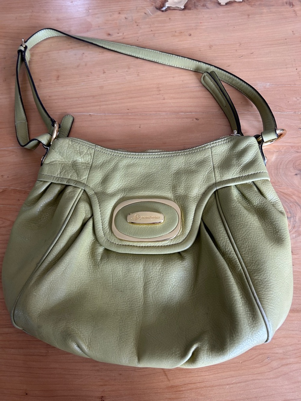 b. makowsky Olive Green Leather Shoulder Bag with Pleated Front